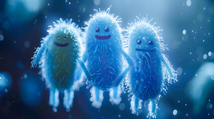 Wall Mural - Three friendly, cartoon probiotic bacteria holding hands, floating in sparkling blue liquid, healthy gut