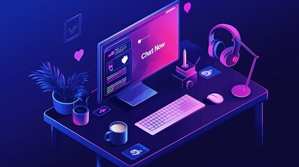 Poster - A cozy office setup with a headset, coffee mug, and a glowing