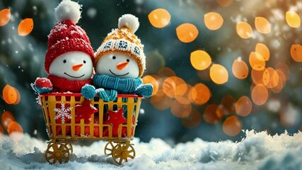 Aufkleber - Two cheerful snowmen dressed in colorful winter hats sit snugly in a decorative cart, surrounded by fresh snow and twinkling warm lights, capturing the holiday spirit.
