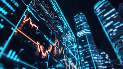 Poster - A futuristic skyline with towering skyscrapers displaying stock market data on their glass facade