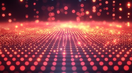 Poster - Bright red and orange dot patterns illuminated across a digital surface with a glowing ambiance in a dark space