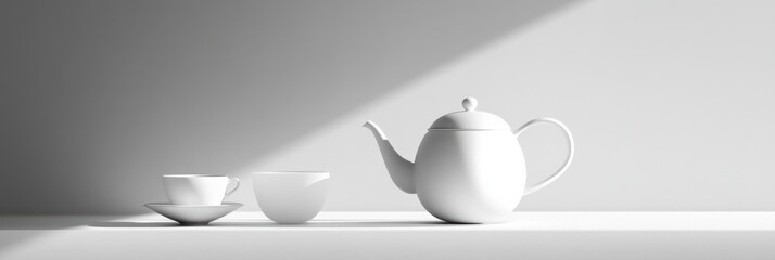 Aufkleber - A white tea kettle stands next to a cup and saucer on a simple table, illuminated gently by soft, natural light highlighting the design. Generative AI
