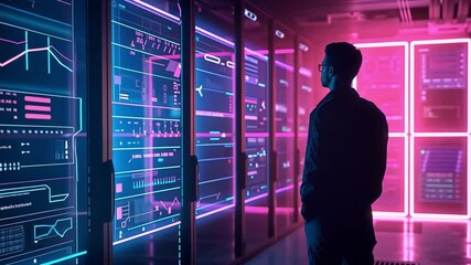 Leinwandbilder - In a high-tech laboratory, an individual observes vibrant digital dashboards filled with graphs and data trends, illuminated by colorful neon lights in the evening.