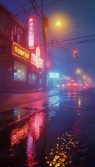 Wall Mural - Moody night cityscape  neon reflections and searchlight illuminate the wet asphalt atmosphere