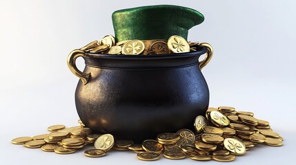 Poster - 3d render of classic black pot overflowing with shiny gold coins alongside a whimsical leprechaun hat beautifully isolated on a clean white background showcasing the festive spirit