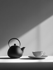 Aufkleber - A black kettle sits next to a white cup on a table, illuminated by gentle light, creating a peaceful atmosphere for tea time. Generative AI