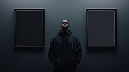 Man in black hoodie with two empty frames on wall.