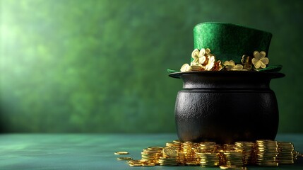 Poster - 3d render of shiny black pot overflowing with gleaming gold coins beside a classic leprechaun hat set against a rich green background with ample space for text