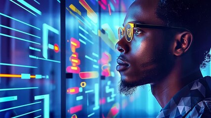 Leinwandbilder - A person intently analyzes vibrant digital interfaces filled with data and graphics in a modern technology workspace, illuminated by blue and neon lights.
