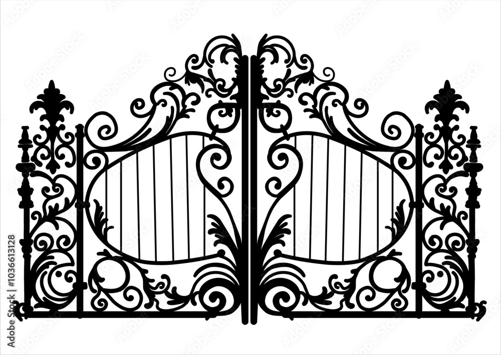 ANTIQUE METAL GATE. Black on white sketch of wrought iron bi-fold ...