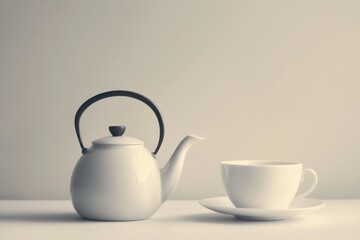 Aufkleber - A simple white tea kettle sits beside an elegant cup on a neutral surface, inviting relaxation and warmth during tea time. Generative AI