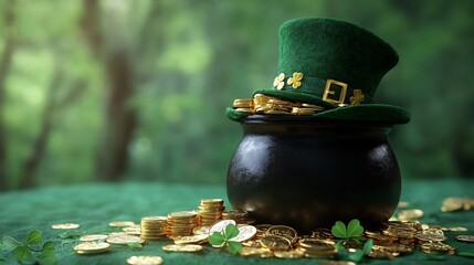 Poster - 3d render of shiny black pot overflowing with gleaming gold coins beside a classic leprechaun hat set against a rich green background with ample space for text