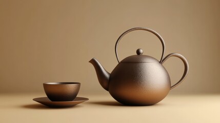 Fototapete - A beautifully crafted tea kettle alongside a matching cup and saucer, all set on a minimalist table with a soft background. Generative AI