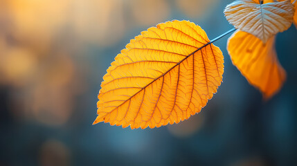 Yellow autumn leaf close-up. With a blurred bokeh background, a bright orange tree changes.