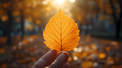 Yellow autumn leaf close-up. With a blurred bokeh background, a bright orange tree changes.