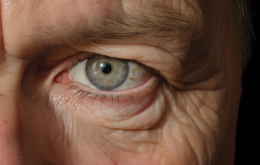 A close-up of an old man's eye, showing the intricate details of his iris and eyelashes.