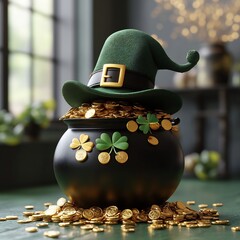 Poster - 3d render showcasing festive black pot filled with shimmering gold coins and a playful leprechaun hat elegantly arranged on a bright green backdrop leaving space for text