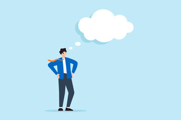 Poster - flat illustration of smart businessman contemplates big dreams in thought bubble imagining solutions