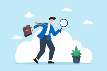 Poster - Flat illustration of businessman uses magnifying glass to search for job vacancies finding resources for career development