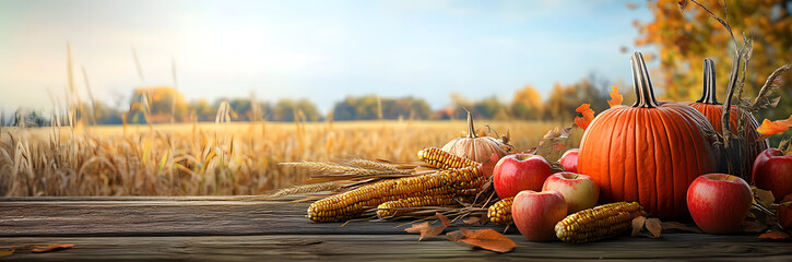 Wall Mural - Thanksgiving With Pumpkins Apples And Corncobs On Wooden Table With Field Trees And Sky In Background