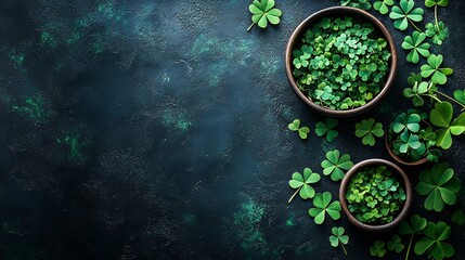 Poster - Beautiful arrangement of shimmering dark green clovers and festive decorations on a minimalistic backdrop creating a vibrant and cheerful atmosphere for St Patrick's Day celebrations
