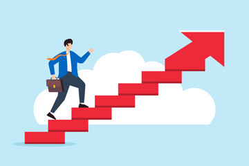 Poster - Flat illustration of businessman walks up arrow stairs symbolizing steps to success and career growth