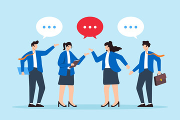 Poster - flat illustration of business people have conversation communicating through speech bubbles during m