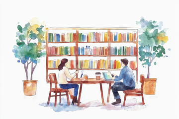 A cozy watercolor scene depicting two individuals studying at a table, surrounded by bookshelves and greenery.