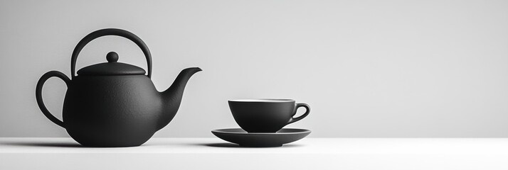 Aufkleber - A black tea kettle sits beside an elegantly arranged cup and saucer on a minimalist table in a calm atmosphere. Generative AI