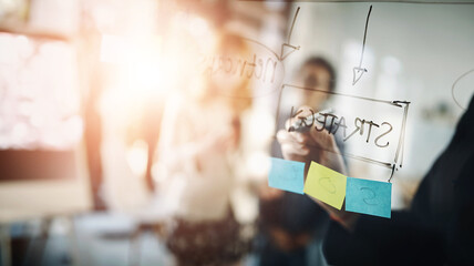 Poster - Business woman, hand and strategy writing in a meeting at office with moodboard. Working, brainstorming and corporate team with sticky notes and networking strategy for problem solving and project