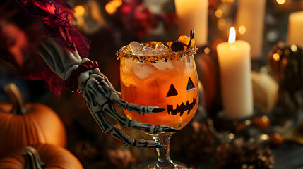 Canvas Print - A spooky Halloween cocktail served in a Jack-o'-Lantern glass, held by a skeleton hand, with pumpkins and candles in the background, creating a chilling festive atmosphere of Helloween holiday