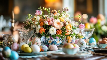 Fototapete - Beautifully arranged Easter table setting featuring a vibrant spring bouquet in the center surrounded by colorful Easter eggs and elegant tableware capturing the essence of Easter morning