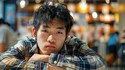 Aufkleber - In a bustling cafe, a young man appears deep in thought, leaning on a table with his arms crossed, surrounded by friends and chatter during the afternoon.