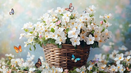 Poster - Beautifully arranged wooden basket overflowing with delicate white flowers and colorful butterflies set against a soft pastel spring background inviting a sense of warmth and renewal