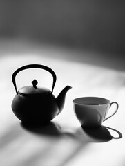 Poster - A black kettle sits beside a white cup, both bathed in gentle light, creating a tranquil setting for tea enjoyment. Generative AI