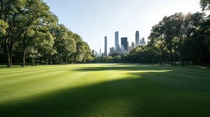 serene park filled with tall trees and lush green lawns, showcasing stunning skyline in background. vibrant greenery contrasts beautifully with urban landscape, creating peaceful atmosphere