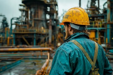 Oil worker in hard hat and overalls monitors equipment at industrial site during overcast day