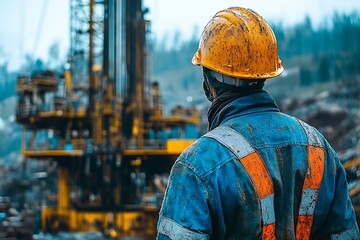 Oil worker in a hard hat and overalls monitors drilling equipment at a site during a cloudy day