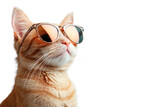 Adorable closeup of a mischievous ginger cat wearing trendy sunglasses, grinning as if enjoying a sunny day. The light cyan background enhances the warmth of the cat's