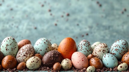 Poster - Border frame filled with robin's eggs and chocolate eggs creating a lovely Easter design with a blank space in the middle for copy The eggs' textures and colors bring a festive feel