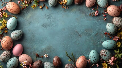 Poster - Border frame filled with robin's eggs and chocolate eggs creating a lovely Easter design with a blank space in the middle for copy The eggs' textures and colors bring a festive feel