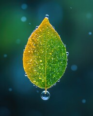 Wall Mural - A single leaf covered in water droplets with a large drop hanging from the tip against a blue green background.