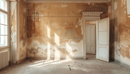 Beautiful walls and wooden door in spacious room during repair