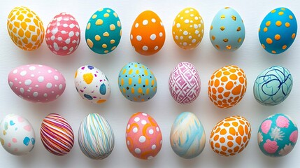 Fototapete - Bright and clean white background with a collection of vibrant handmade Easter eggs each uniquely decorated in colorful patterns creating a visually striking minimalist Easter display
