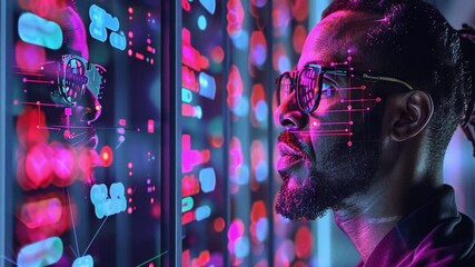 Aufkleber - A focused individual examines vibrant data visualizations projected on a sleek screen, surrounded by a high-tech atmosphere and illuminated by neon colors.