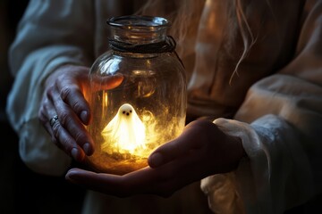 Poster - Whimsical Ghost in a Jar: Captivating Image of a Glowing Spirit with Soft Lighting and Warm Tones, Perfect for Halloween Decor.