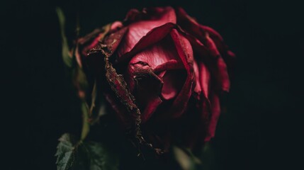 Sticker - Dramatic Close-Up of a Dried Red Rose on a Dark Background: Perfect for Themes of Love and Loss