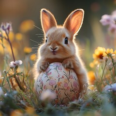 Poster - charming baby rabbit as an easter bunny resting inside a beautifully decorated easter egg set agains
