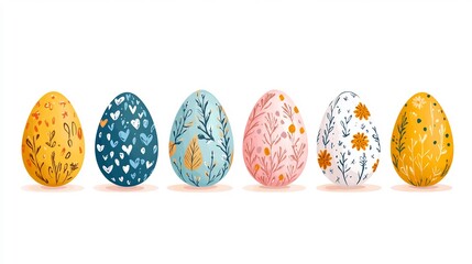 Poster - Charming collection of Easter eggs in flat design style displayed on a bright white background Each egg showcases different pastel colors and patterns perfect for holiday decorations or cards