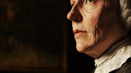 Poster - Portrait Style Image: A close-up of a thoughtful woman in historical attire, featuring soft lighting and muted colors, suitable for artistic contexts.